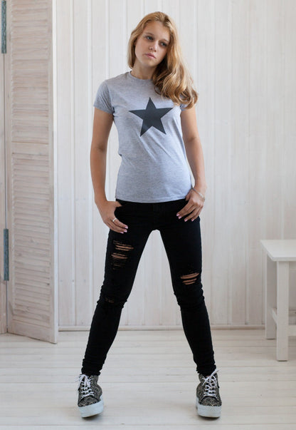 Black Star T Shirt Minimalist Abstract Geometric Skater Fashion Retro Graphic Design Screen Printed Womens Ladies Tee or Tank Top Vest Cami