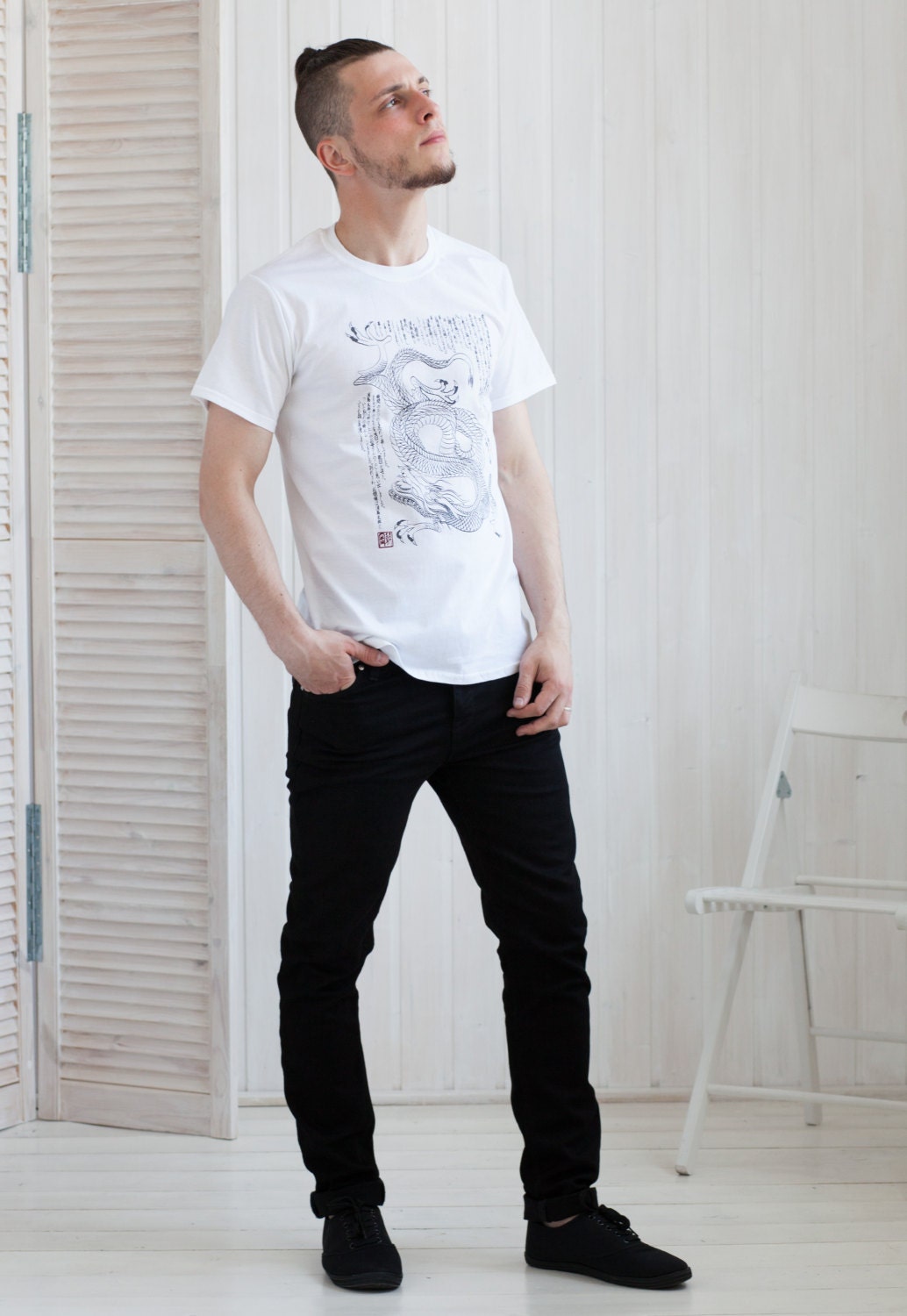Japanese T Shirt – Dragon Ryu Ryuu – Japan Traditional Chinese Dragon Naga Yoga Martial Arts Anime Manga Kanji Hand Screen Printed Tee Top