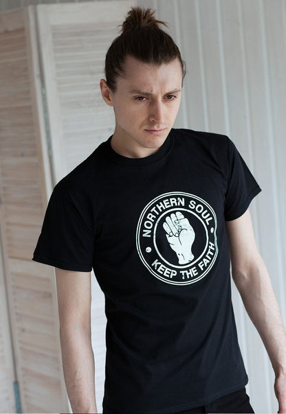 Northern Soul T Shirt Keep The Faith Fist Logo Distressed Retro Mod Mods Soul 60s 70s Vintage Style Mens Womens Graphic Printed Tee T-Shirt