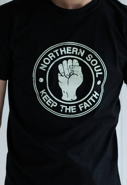 Northern Soul T Shirt Keep The Faith Fist Logo Distressed Retro Mod Mods Soul 60s 70s Vintage Style Mens Womens Graphic Printed Tee T-Shirt