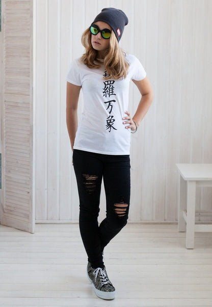 Japanese T Shirt - Universe Japan Writing Calligraphy Anime Manga Traditional Yoga Zen Kanji Kawaii Gifts For Her Screen Printed Women's Tee