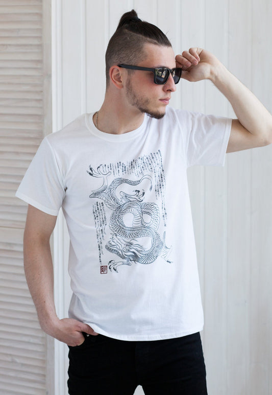 Japanese T Shirt – Dragon Ryu Ryuu – Japan Traditional Chinese Dragon Naga Yoga Martial Arts Anime Manga Kanji Hand Screen Printed Tee Top