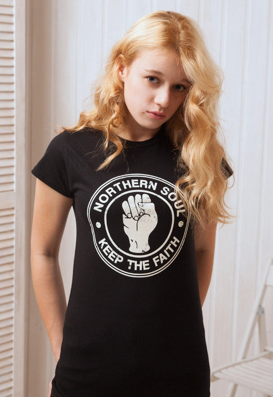 Northern Soul T Shirt Keep The Faith Fist Hand Logo Retro Motown Wigan Casino Mod 60s Music Screen Printed Women's 100% Organic Cotton Tee