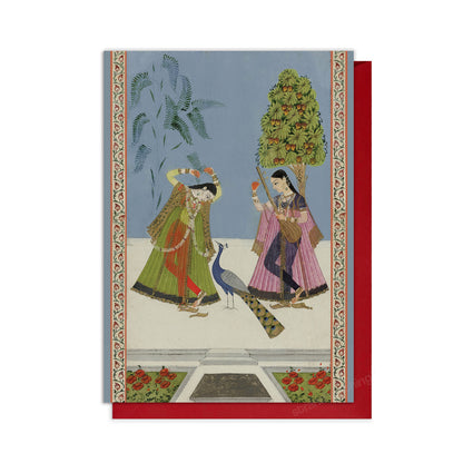 Two Women & Peacock – Indian Miniature Art Greeting Card