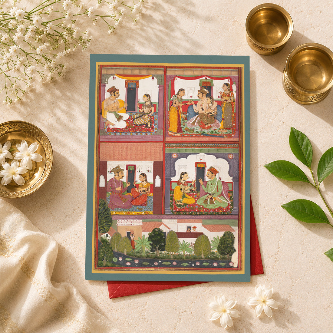 A large Indian art greeting card featuring Four Love Scenes and a Landscape, from the Rasikapriya, ca. 1700, Rajasthan, India.
The same couple appears again and again throughout this wonderfully intimate painting, meeting in a succession of richly coloured rooms and chambers before appearing together once more in the landscape below. 