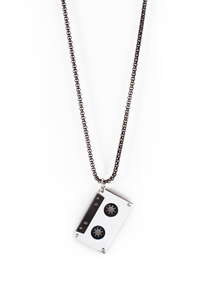 Cassette Tape Pendant Necklace with Ball Chain in Silver Finish Stainless Steel