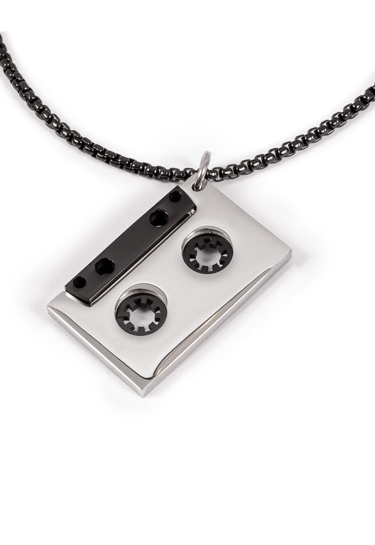Cassette Tape Pendant Necklace with Ball Chain in Silver Finish Stainless Steel