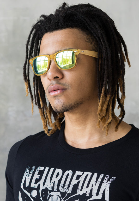 Bamboo Detail Sunglasses with Mirror Green Lenses - Transparent Yellow Frame