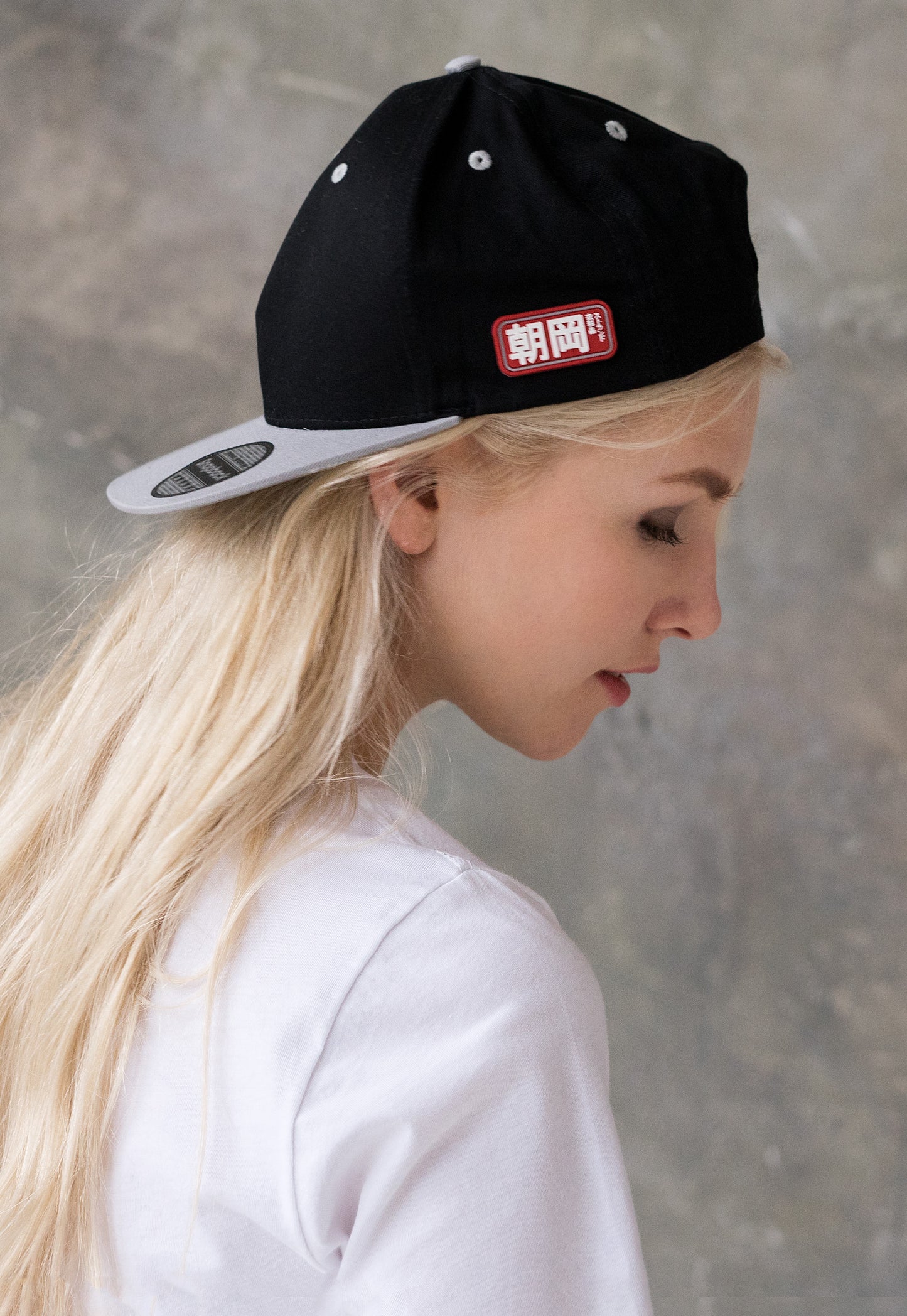 Snapback Baseball Cap with Japanese Applique – Black with Contrast Peak