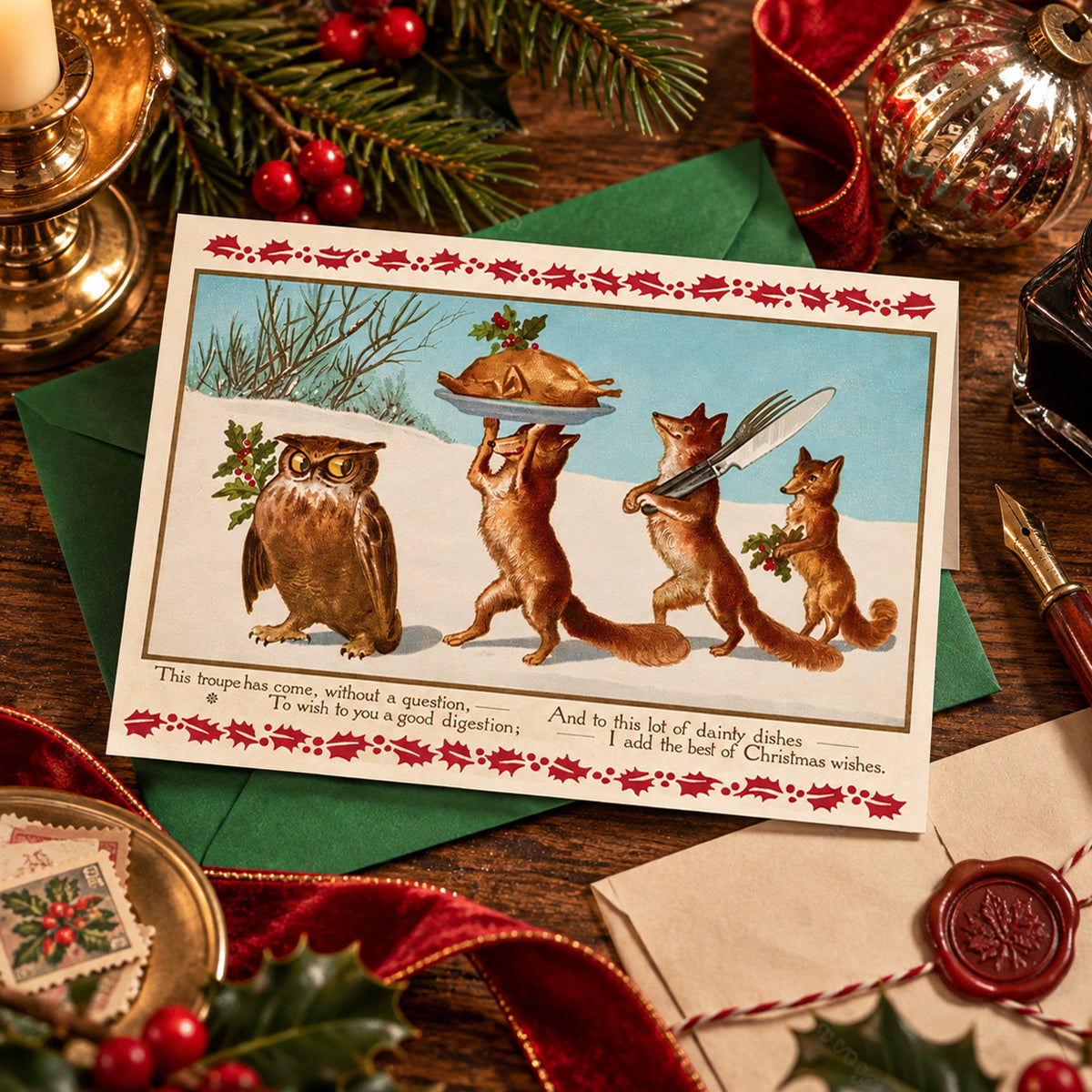 A vintage-style "weird Victorian" Christmas greeting card featuring an owl and three foxes in a snowy winter scene, with the festive rhyme "this troupe has come without a question...", styled on a rustic wooden table with green envelopes, red ribbon, pine branches, a candle, and holiday decorations.