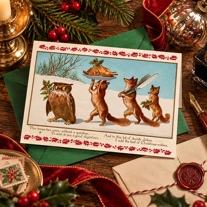 A vintage-style "weird Victorian" Christmas greeting card featuring an owl and three foxes in a snowy winter scene, with the festive rhyme "this troupe has come without a question...", styled on a rustic wooden table with green envelopes, red ribbon, pine branches, a candle, and holiday decorations.