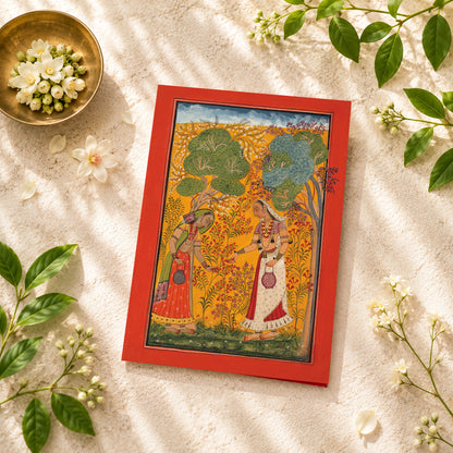 A large Indian art greeting card featuring Vasanti Ragini, ca. 1710, from a Ragamala series — a painted Garland of Musical Modes.

Two elegantly dressed women gather flowers in a radiant spring landscape, surrounded by blossoms, golden foliage and the rich colours of the season. Warm saffron, red and green tones give the scene an almost sunlit glow, while the graceful figures and delicate botanical detail create a wonderfully serene sense of abundance and renewal.