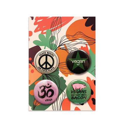 Vegan Pin Badge Set · 4× Retro Vegan Button Badges · Plant Based Designs