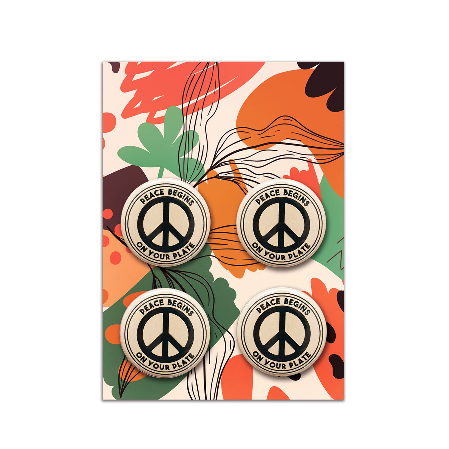 Vegan Pin Badge Set · 4× Retro Vegan Button Badges · Plant Based Designs