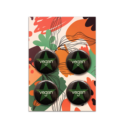 Vegan Pin Badge Set · 4× Retro Vegan Button Badges · Plant Based Designs