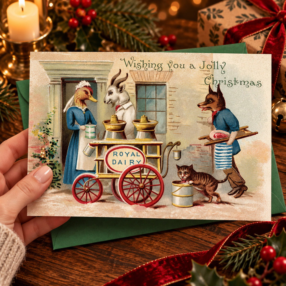 A hand holds a vintage-style "weird Victorian" Christmas greeting card featuring anthropomorphic animals at a royal dairy cart. The card reads 'Wishing you a Jolly Christmas' and is shown with a green envelope on a rustic holiday table with candles, ornaments, and ribbons.
